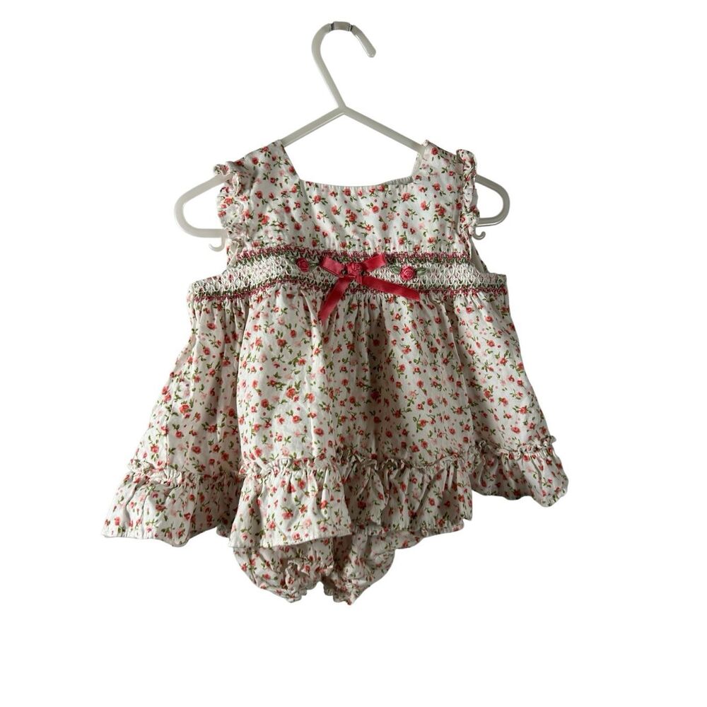 Rare editions 24m dress white‎ pink roses with bloomers cottage core style